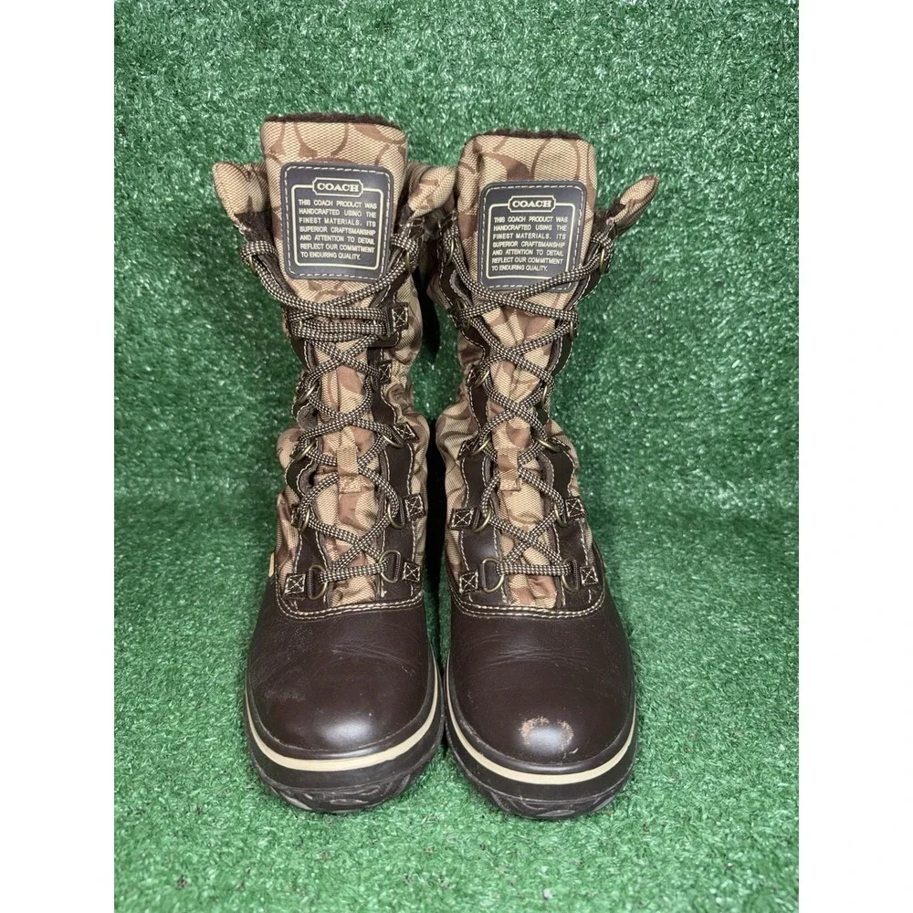 Coach Women Size 5 Shaine Rain Boots Lace Up Beige Signature Logo Faux Fur Lined